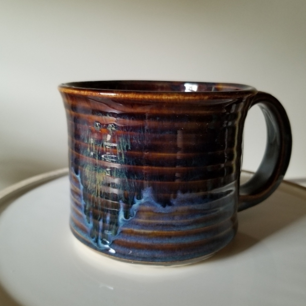 Beautiful handmade pottery mug 12 oz ink glazed wall drug brown blue Earthy Boho
